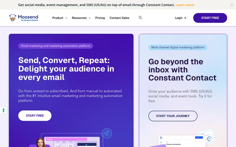Screenshot of the Moosend homepage
