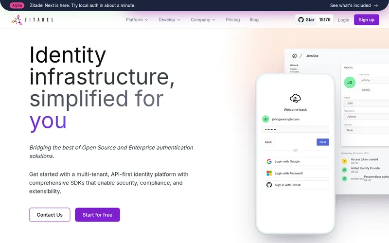 Screenshot of the ZITADEL homepage