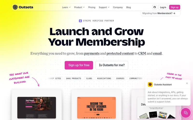 Screenshot of the Outseta homepage