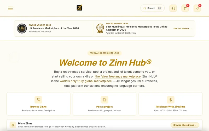 Screenshot of the Zinn Hub homepage