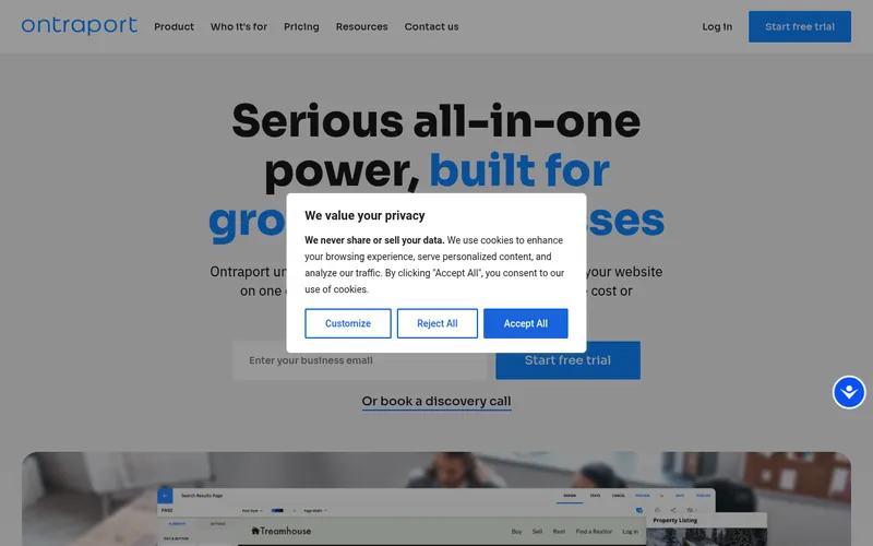 Screenshot of the Ontraport homepage