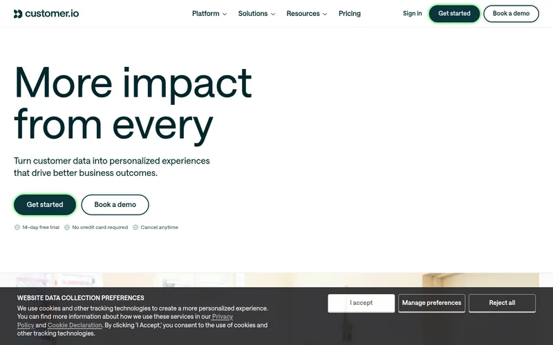Screenshot of the Customer.io homepage