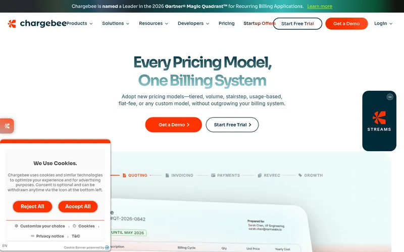 Screenshot of the Chargebee homepage