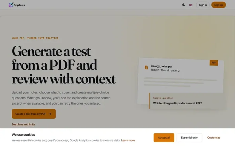 Screenshot of the OppTests homepage