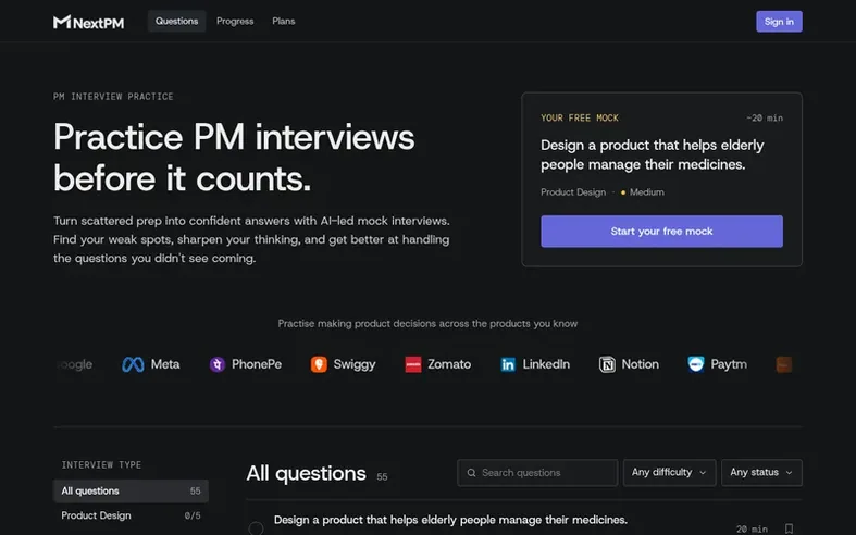 Screenshot of the NextPM homepage