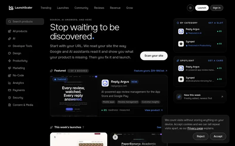 Screenshot of the LaunchScaler homepage