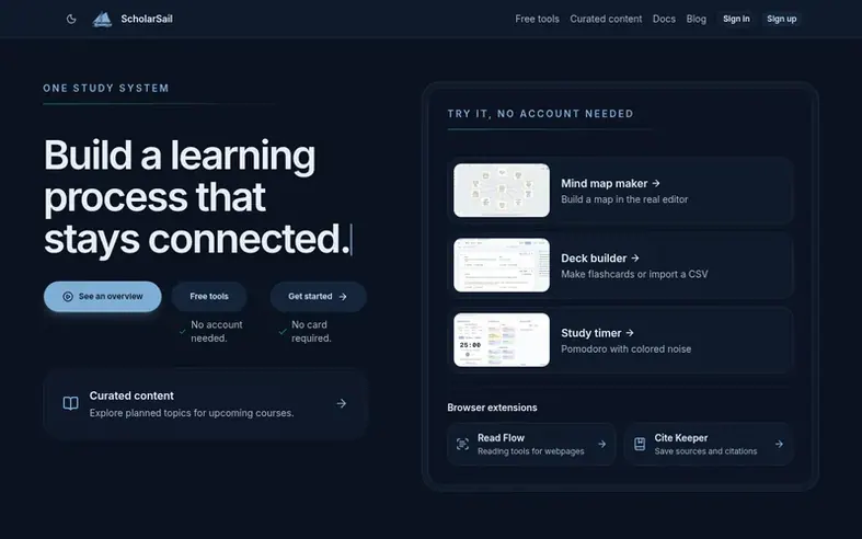 Screenshot of the ScholarSail homepage