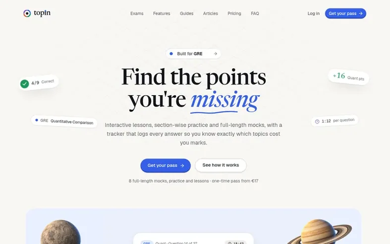 Screenshot of the topin homepage