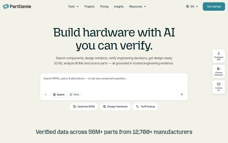 Screenshot of the PartGenie homepage