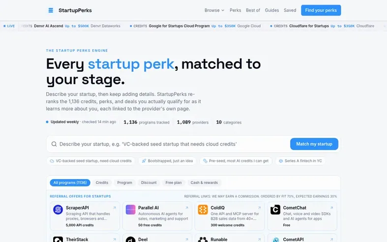 Screenshot of the StartupPerks homepage