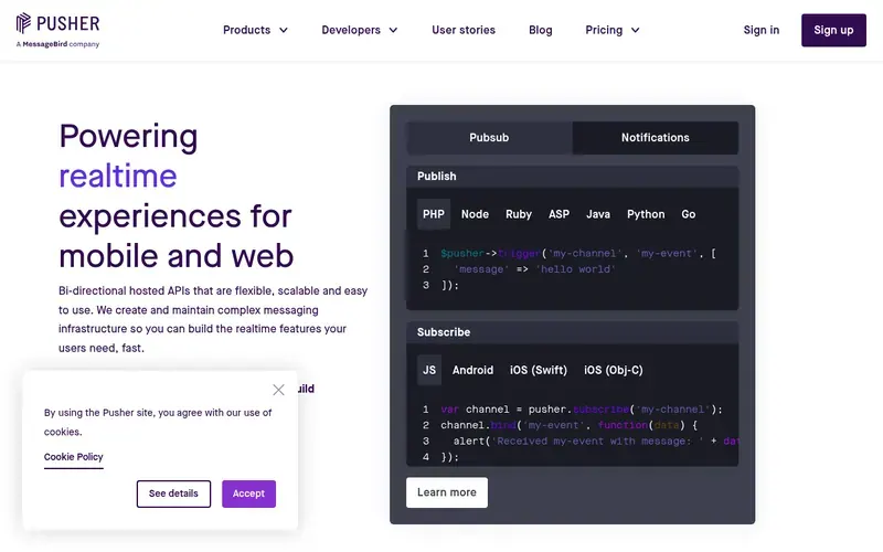 Screenshot of the Pusher homepage