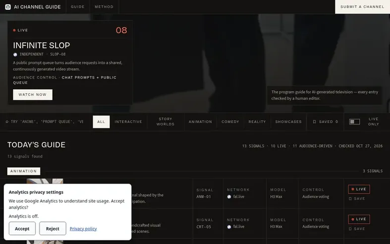 Screenshot of the AI Channel Guide homepage
