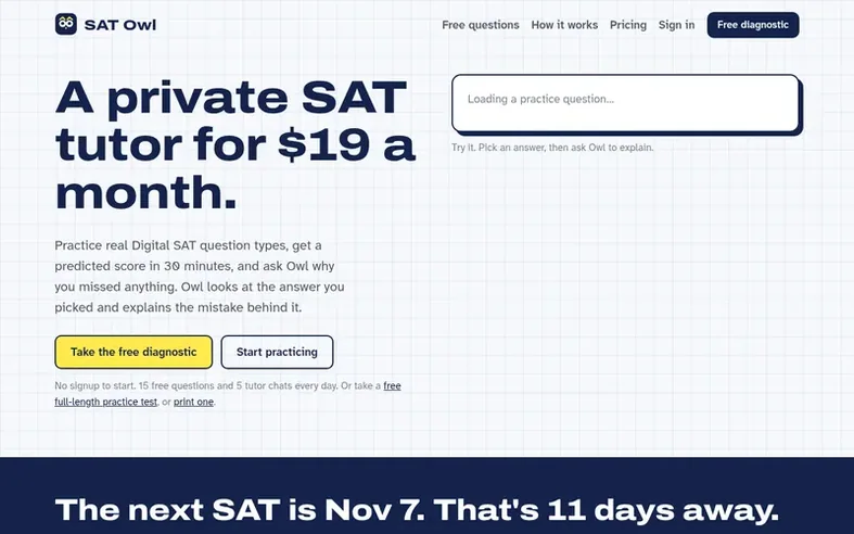 Screenshot of the SAT Owl homepage