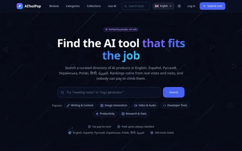 Screenshot of the AIToolPop homepage