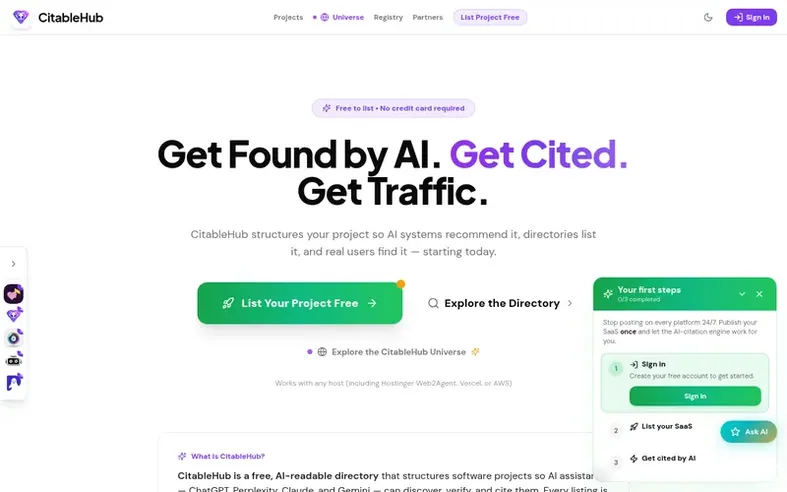 Screenshot of the CitableHub homepage